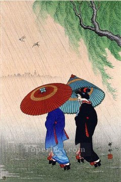 two boys singing Painting - two beauties in rain 1935 Ohara Koson Shin hanga